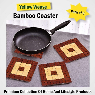 Picture of 6 Pieces (L size) Bamboo Wood Coasters or Heat Insulation Pad / Table Mats Placemats for Big Pans Pots- (17 X 17 Cms)-Multicolor