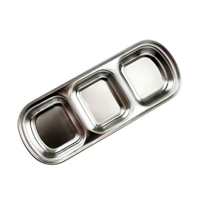 Picture of 3 compartment Sauce Dish Snack Serving Tray 304 Stainless Steel Sauce Dishes Spice Plates Kitchen Supplies Spice Plate-Silver