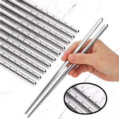 Picture of Stainless Steel Chopsticks Reusable Silver Lightweight 304 Metal Chopsticks Dishwasher Safe - 5 Pairs (Silver)-Silver