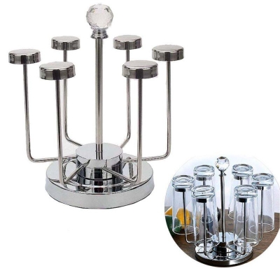 Picture of Rotating Cup Mug Glass Holder Rack Stainless Steel 6 Cups Drying Rack Stand Made Stainless Steel-Silver