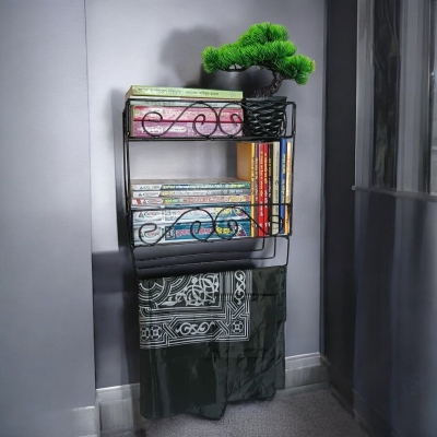 Picture of Sturdy Quran and Book Wall Shelf with Jainamaz Hangers – 2-Layer Black Metal Design.