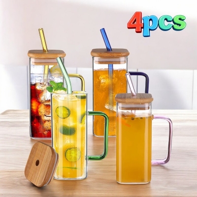Picture of 400ML Clear Square Glass Cup Set with Bamboo Lids and Straws – 4PCS – Borosilicate Glass, Microwave Safe, Scratch Resistant, Lightweight, Colorful Handles for Milk, Juice, and Coffee Beverages.