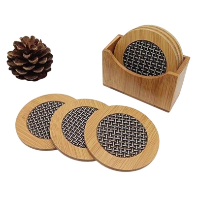 Picture of 6 pcs (M size)Bamboo Wooden Round Coaster for Home Pan Pot Holder for Dining Table-Multicolor