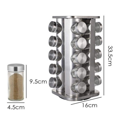 Picture of Set of 20 Spice Jars | Round Spice Rack |  Seasoning Dried Herbs Storage Organization | Stainless Steel Rotating Countertop Spice Holder Shelf for Kitchen Cabinet Organizer-Silver