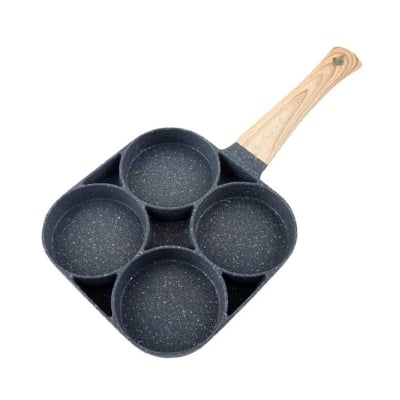 Picture of 4 Cup Non-Stick Egg Pan, 7.5 Inch Aluminum Egg Pan, Wooden Handle, Pancake Frying Pan, for Frying Eggs, Hamburger-Black