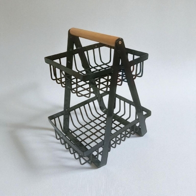 Picture of 2 Tier Metal Wire Fruit Basket Countertop Organizer Display Stand with Wood handle, Bread Vegetable Spice Holder Rack for Home Kitchen Bathroom, Black