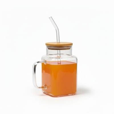 Picture of Premium 400ml High Borosilicate Square Glass Mug with Eco-Friendly Bamboo Lid and Reusable Glass Straw, Elegant Iced Coffee Tumbler with Handle for Cold Juice, Smoothies, Milk Tea, and Stylish Home Office Drinkware.