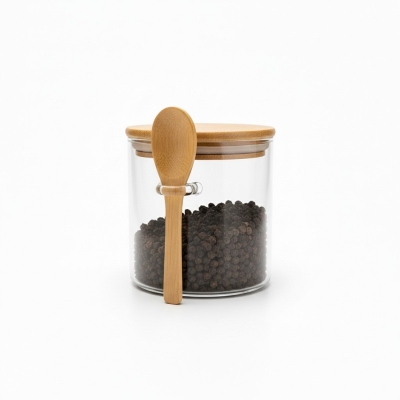 Picture of Premium Airtight Borosilicate Glass Food Storage Jar with Eco-Friendly Bamboo Lid and Matching Wooden Spoon, Perfect Transparent Spice Canister for Kitchen Organization, Coffee Beans, Loose Tea, Sugar, and Dry Food Pantry Storage.