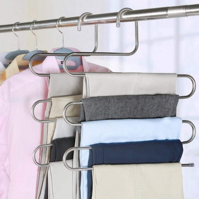 Picture of 1 pcs S-Shape Stainless Steel Trousers Pants Hangers 5 Layers Closet Hangers Space Save Storage Hangers Organizer Rock for Pants Trousers Scarf Tie Clothes Towel Hanging - Hanger - Hanger-Silver