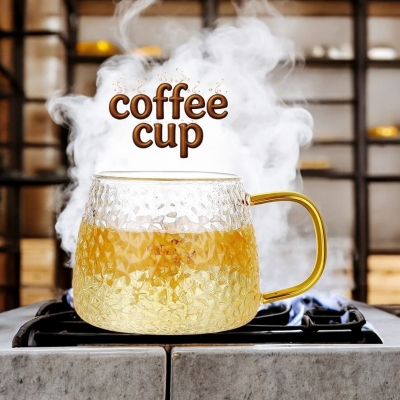 Picture of 410ML High Borosilicate Hammer Glass Tea Cup - Dishwasher Safe, Lightweight, and Classic Round Design - Perfect for Juice, Milk, and Tea