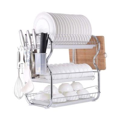 Picture of Multifunctional 3-Tier Dish Drying Rack, Stainless Steel Kitchen Sink ware Dish Rack Kitchen Supplies Drying Frame, Quick Dry with Drain board-Silver