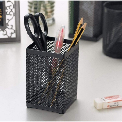 Picture of Black thickened square simple mesh pen container, multi-functional mesh iron pen container storage box, office desk decoration-Black