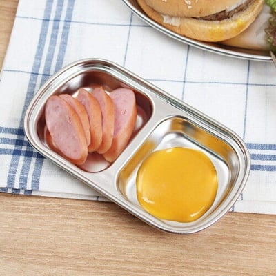 Picture of 2 compartment Sauce Dish Snack Serving Tray 304 Stainless Steel Sauce Dishes Spice Plates Kitchen Supplies Spice Plate-Silver