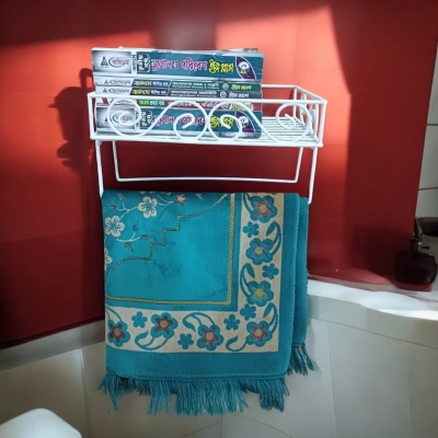 Picture of 14"x10"x2.8" Metal Quran Stand – White Wall Shelf with 2 Jaynamaz Hangers – Perfect for Home or Mosque