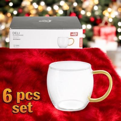 Picture of 350ml Clear Borosilicate Glass Cup Set - GPB49-2, Lightweight & Dishwasher Safe, Ideal for Coffee, Milk, Juice, Smoothies, Classic Round Shape, Pack of 6, Perfect for Everyday Use.