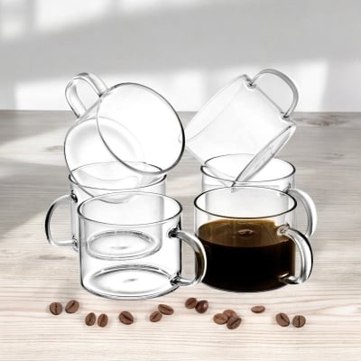 Picture of 220ml DELISOGA Deli Glassware - 6pc High Borosilicate Single Wall Glass, Microwave Safe, Scratch Resistant, Lightweight, Round Clear Glass Cups - Perfect for Hot and Cold Beverages