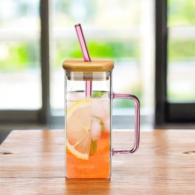 Picture of 400ML Clear Square Glass Cup with Colorful Handle, Bamboo Lid, and Straw - Borosilicate Tumbler for Milk, Juice, or Coffee - Lightweight, Microwave Safe, and Scratch Resistant.