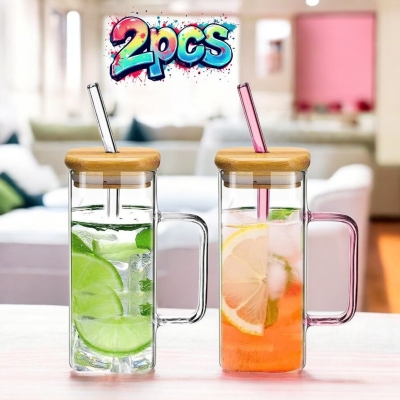 Picture of 2PCS 400ML Clear Square Glass Cup Set with Colorful Handle, Bamboo Lid, and Straw – Borosilicate Glass for Milk, Juice, Coffee – Microwave Safe, Lightweight, Scratch Resistant Tumbler.