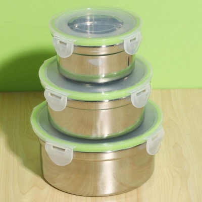 Picture of 3Pcs Round Lunch Box Stainless Steel Lunch Box 280/500 / 900Ml Leakproof Lunch Box - Tiffin Box For Office-Silver