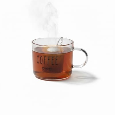 Picture of Minimalist Clear Borosilicate Glass Coffee Mug with Black 'COFFEE' Lettering and Heart Icons, 13oz Heat Resistant Transparent Tea Cup for Home Office Latte Espresso Milk, Durable Lightweight Glassware Gift for Coffee Lovers.
