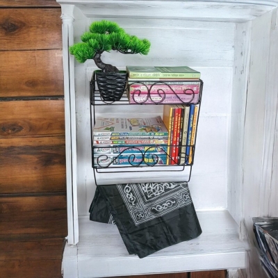 Picture of Durable 2-Layer Wall Quran Stand with Jainamaz Hangers – Black Metal Construction, 14.5x10x12 Inches – Ideal for Mosque or Home Decor