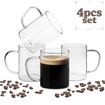 Picture of Set of 4 Heat Resistant Glass Mug with Green Handle – Microwave Safe, Scratch Resistant, Lightweight Borosilicate Glass – Stylish and Transparent Round Coffee Mug – 450ml Capacity.