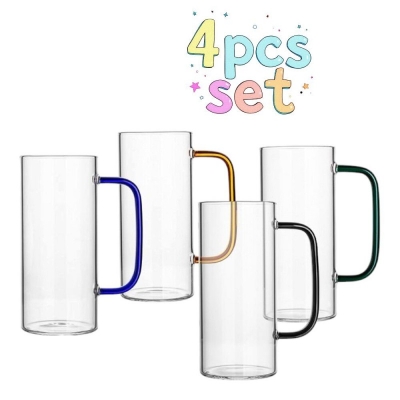 Picture of Heat-Resistant Glass Mug Set 380ml - 4 PCS Lightweight Borosilicate Tea Coffee Cups - Microwave Safe, Scratch-Resistant, Clear Round Long Design for Milk, Tea, or Coffee.