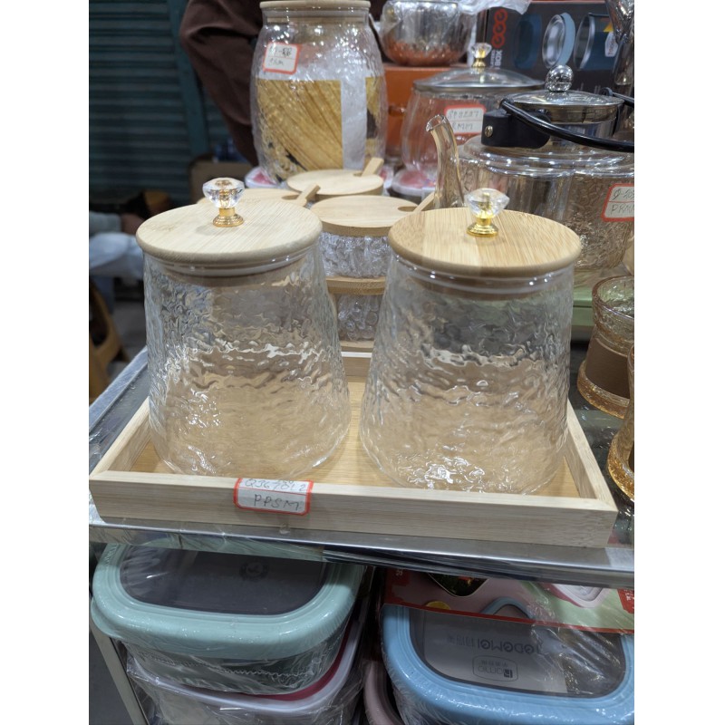 Picture of Premium Airtight Glass Storage Canister Set with Natural Wooden Lids & Crystal Knobs, Displayed on a Coordinated Bamboo Serving Tray – Ideal for Kitchen Organization