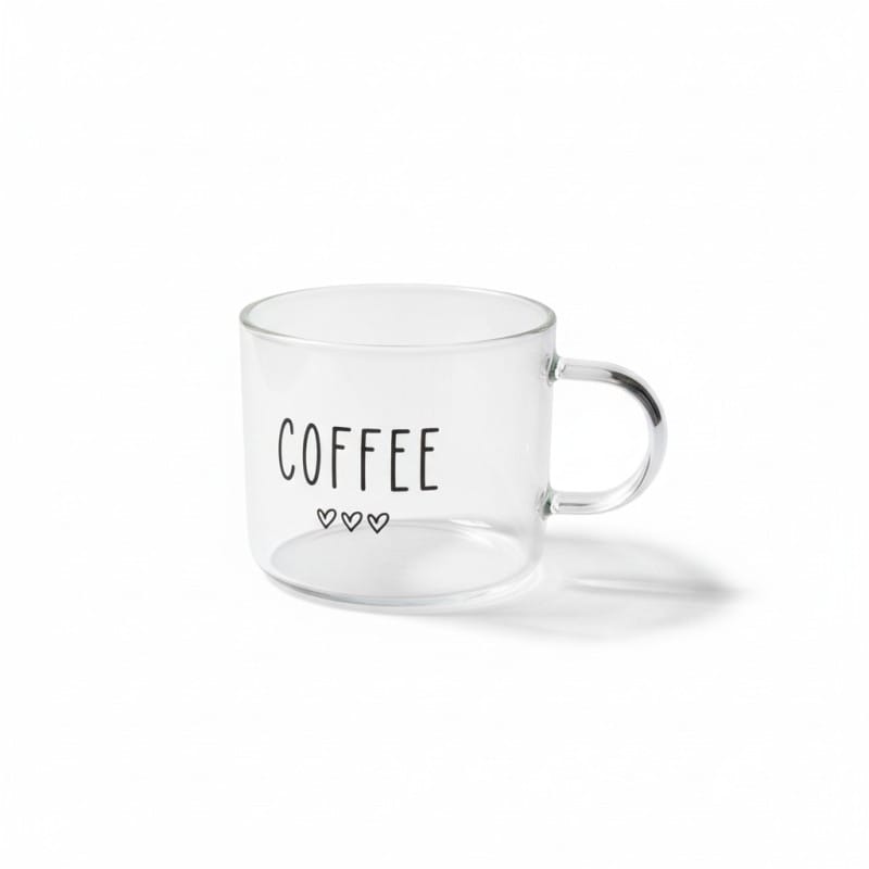 Picture of Minimalist Clear Borosilicate Glass Coffee Mug with Black 'COFFEE' Lettering and Heart Icons, 13oz Heat Resistant Transparent Tea Cup for Home Office Latte Espresso Milk, Durable Lightweight Glassware Gift for Coffee Lovers.
