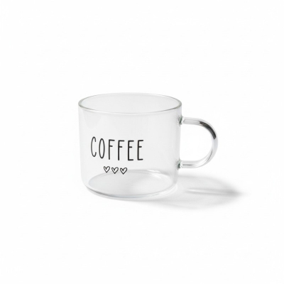 Picture of Minimalist Clear Borosilicate Glass Coffee Mug with Black 'COFFEE' Lettering and Heart Icons, 13oz Heat Resistant Transparent Tea Cup for Home Office Latte Espresso Milk, Durable Lightweight Glassware Gift for Coffee Lovers.