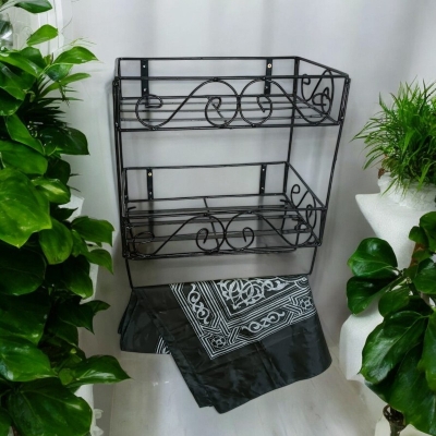 Picture of Black Iron Quran and Book Stand with Jainamaz Hangers – Sturdy 2-Layer Wall Shelf, 14.5x10x12 Inches – Perfect for Quran Sharif Display