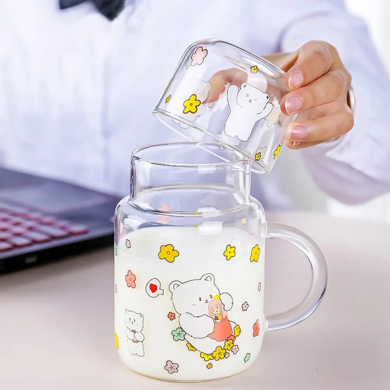 Picture of Lovely Bear Hug Clear Glass Bedside Night Water Carafe Set with Tumbler, Juice Milk Water Pitcher-Clear-26 OZ white colour