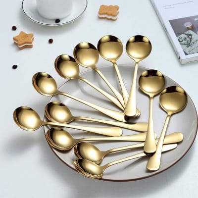 Picture of 7.5" Stainless Steel Titanium Coated Shiny Gold Round Silverware Sup Spoon 6 pcs Set Durable Easy Clean Dishwasher Safe-Gold