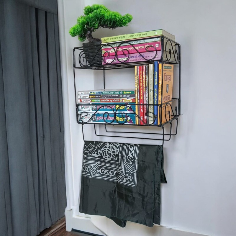 Picture of Sturdy 2-Layer Black Metal Quran and Book Stand with Jainamaz Hangers – Iron Construction, 14.5x10x12 Inches – Perfect for Home or Mosque Decor