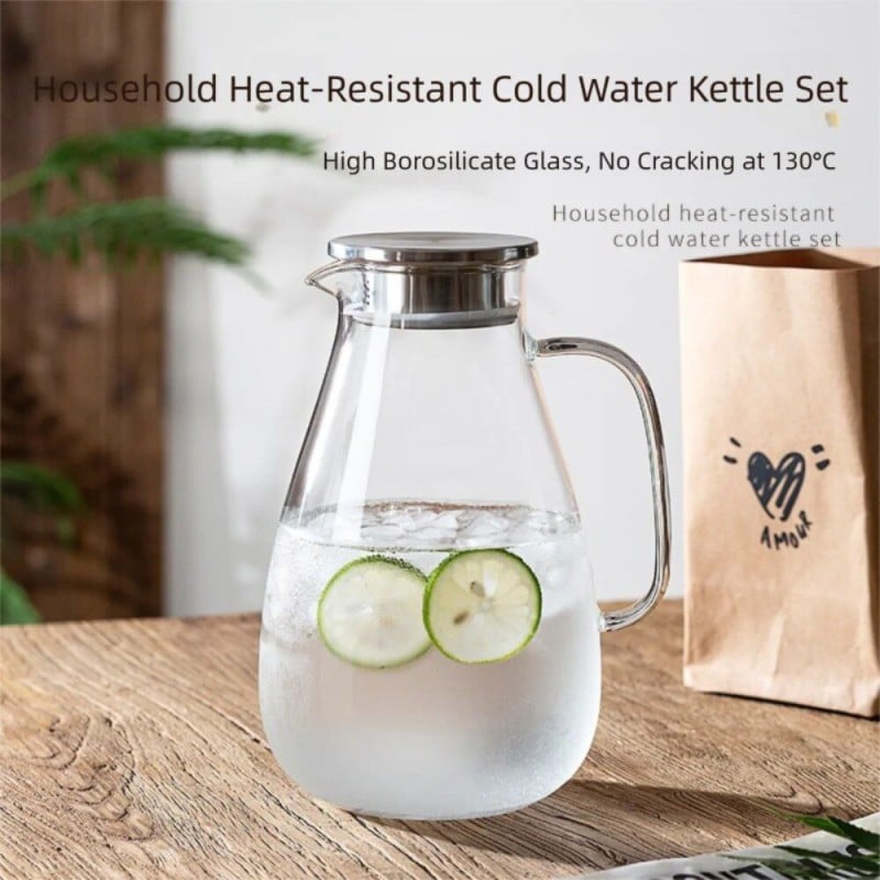 Picture of 2200ml High Borosilicate Glass Water Pitcher with Lid – Heat-Resistant Large Capacity Kettle for Iced Tea, Juice, Coffee & Cold Beverages | Elegant Clear Jug for Home & Office