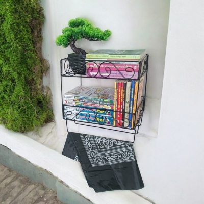 Picture of Black Metal Wall Quran Stand with Jainamaz Hangers – 2-Layer Design, 14.5x10x12 Inches – Ideal for Quran Display in Home or Mosque