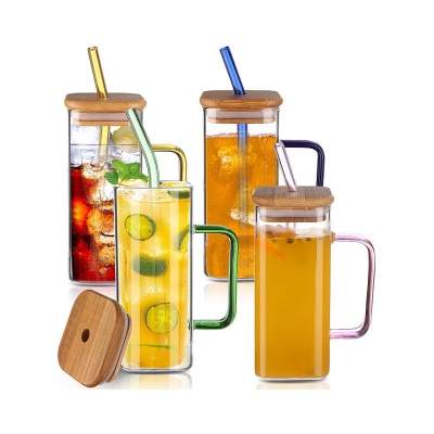 Picture of 400ML Clear Square Glass Cup with Colorful Handle, Bamboo Lid, and Straw - Borosilicate Tumbler for Milk, Juice, or Coffee - Lightweight, Microwave Safe, and Scratch Resistant.