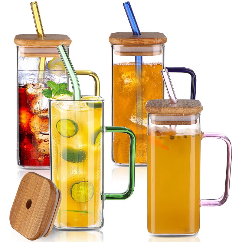 Picture of 2PCS 400ML Clear Square Glass Cup Set with Colorful Handle, Bamboo Lid, and Straw – Borosilicate Glass for Milk, Juice, Coffee – Microwave Safe, Lightweight, Scratch Resistant Tumbler.