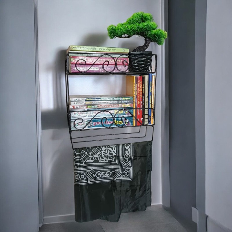 Picture of Sturdy Quran and Book Wall Shelf with Jainamaz Hangers – 2-Layer Black Metal Design.