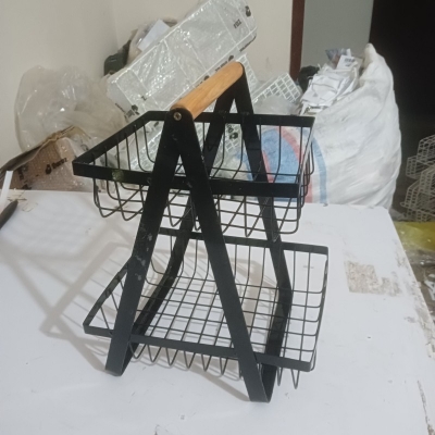 Picture of 2 Tier Metal Wire Fruit Basket Countertop Organizer Display Stand with Wood handle, Bread Vegetable Spice Holder Rack for Home Kitchen Bathroom, Black