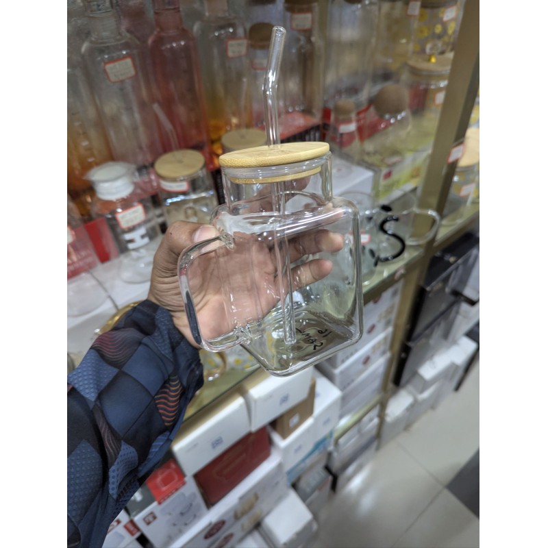 Picture of Premium 400ml High Borosilicate Square Glass Mug with Eco-Friendly Bamboo Lid and Reusable Glass Straw, Elegant Iced Coffee Tumbler with Handle for Cold Juice, Smoothies, Milk Tea, and Stylish Home Office Drinkware.