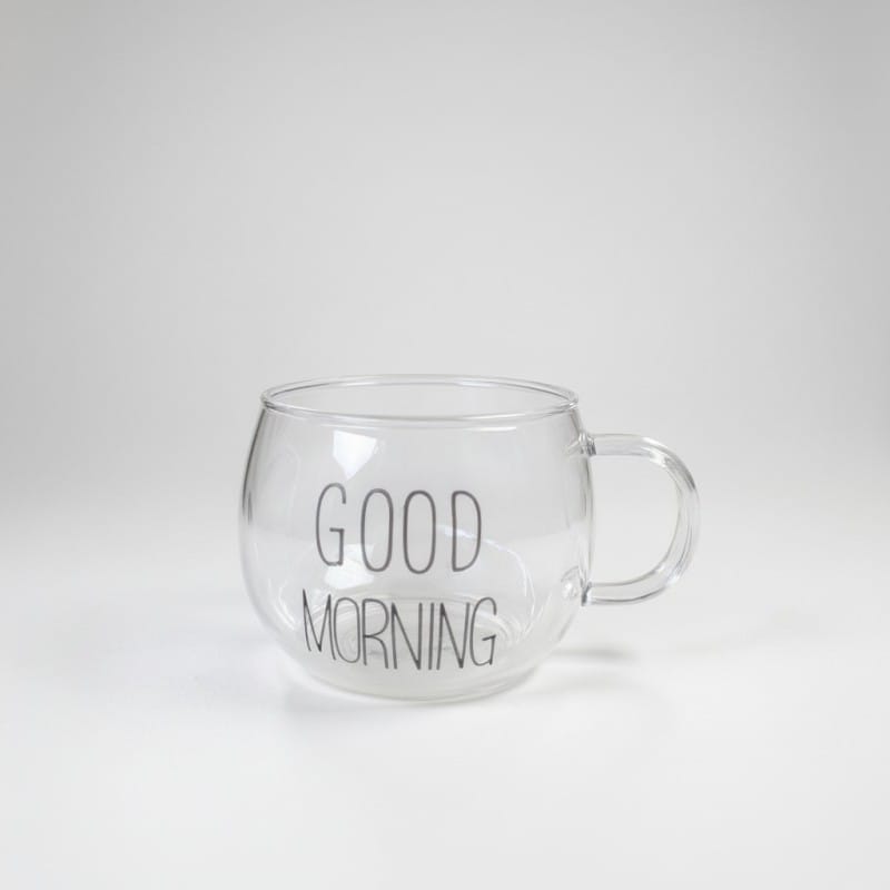 Picture of Premium Borosilicate Glass Coffee Mug with Good Morning Print Heat Resistant Transparent Round Cup for Tea Milk Juice Yogurt Breakfast Beverage and Stylish Kitchen Drinkware Gift for Family and Friends.