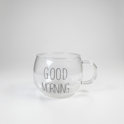 Picture of Premium Borosilicate Glass Coffee Mug with Good Morning Print Heat Resistant Transparent Round Cup for Tea Milk Juice Yogurt Breakfast Beverage and Stylish Kitchen Drinkware Gift for Family and Friends.