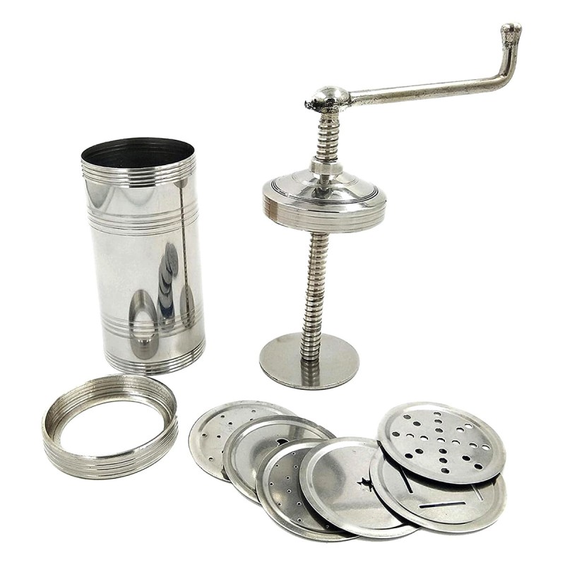 Picture of Stainless Steel Indian Made Sevanazhi Sevai Nazhi Sev Sancha Gathiya Murukulu Janthikulu Idiyappam Maker with Free 6 Different Jali-Silver