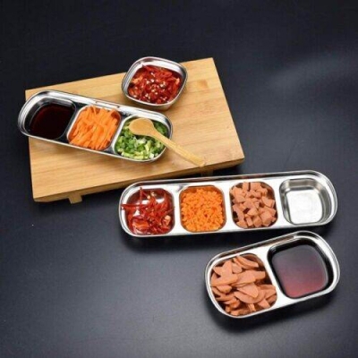 Picture of 3 compartment Sauce Dish Snack Serving Tray 304 Stainless Steel Sauce Dishes Spice Plates Kitchen Supplies Spice Plate-Silver