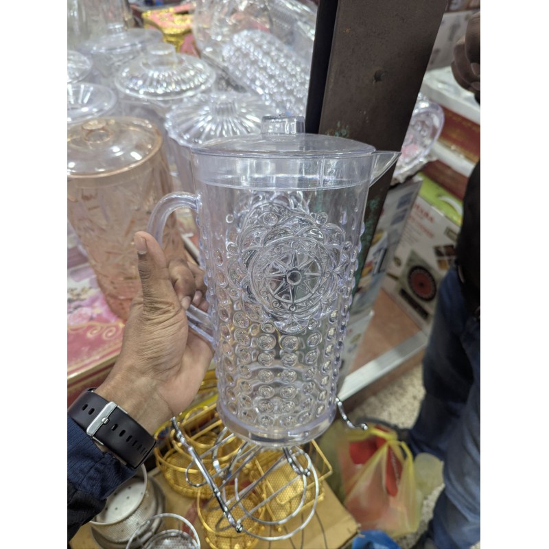Picture of Crown Jug 2.3L Transparent Pitcher with Lid | Premium BPA Free Plastic Water Juice Iced Tea Beverage Server | Durable & Unbreakable Vintage Embossed Design for Home Kitchen Party Dining | Food Grade Acrylic Look Drink Dispenser