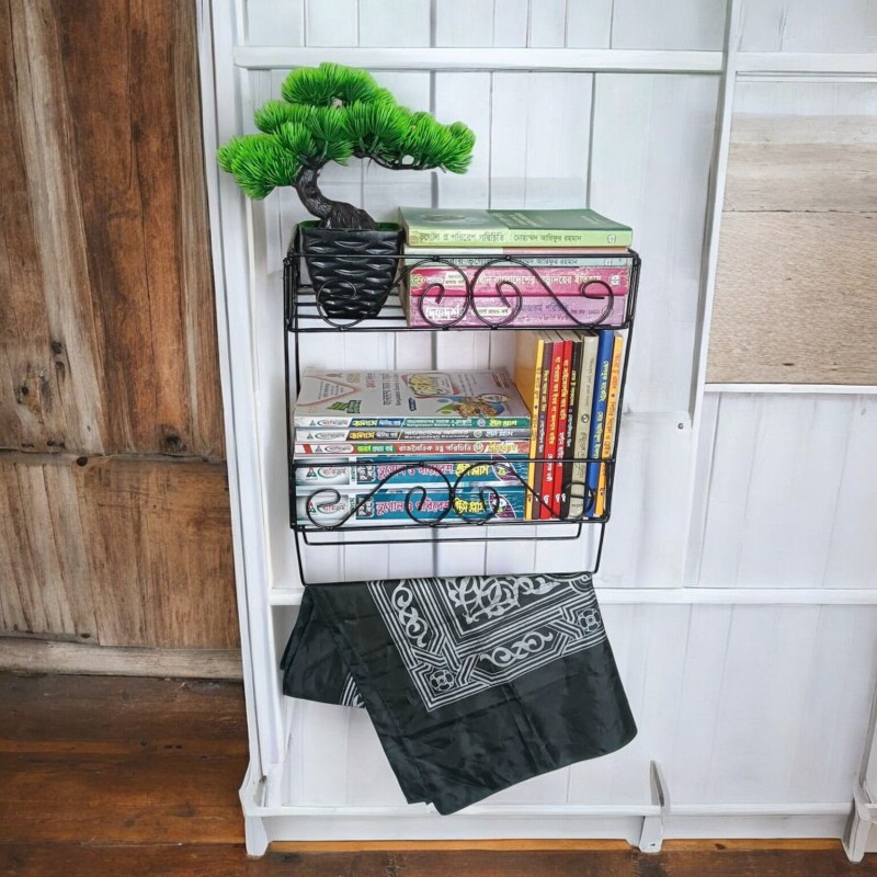 Picture of Durable 2-Layer Wall Quran Stand with Jainamaz Hangers – Black Metal Construction, 14.5x10x12 Inches – Ideal for Mosque or Home Decor