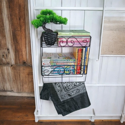 Picture of Durable 2-Layer Wall Quran Stand with Jainamaz Hangers – Black Metal Construction, 14.5x10x12 Inches – Ideal for Mosque or Home Decor