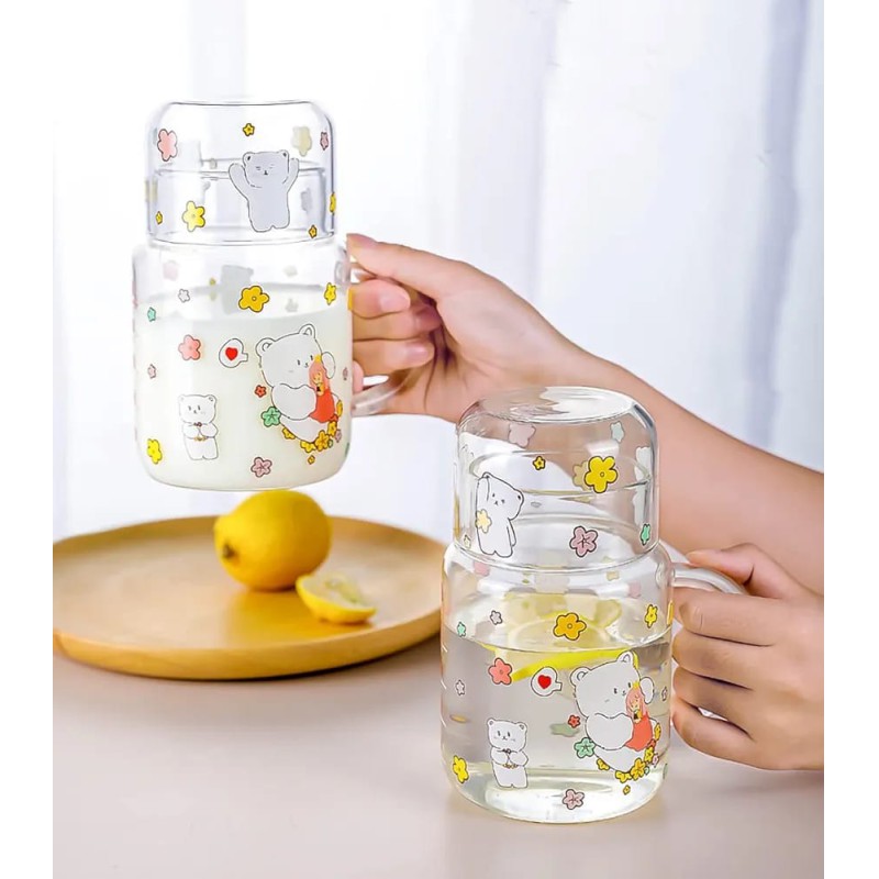Picture of Lovely Bear Hug Clear Glass Bedside Night Water Carafe Set with Tumbler, Juice Milk Water Pitcher-Clear-26 OZ white colour