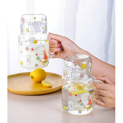 Picture of Lovely Bear Hug Clear Glass Bedside Night Water Carafe Set with Tumbler, Juice Milk Water Pitcher-Clear-26 OZ white colour